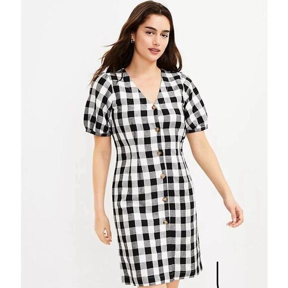 Loft Oversized Petite Black White Gingham Button V-Neck Dress NWT Size 14 Picnic - Picture 1 of 9